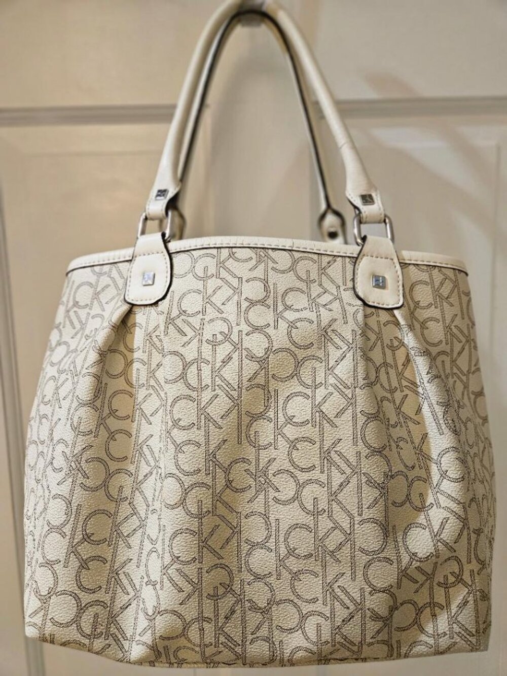 Calvin Klein cream/beige monogram tote bag w "CK" pattern 10x14x8